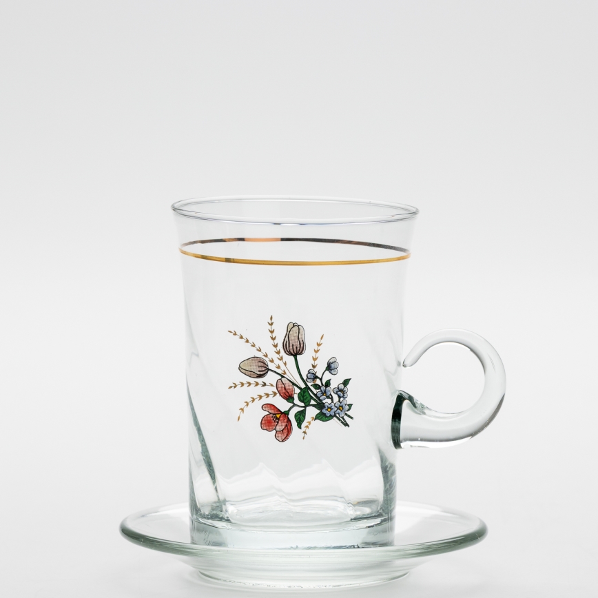 Set 6x glass cup with a saucer and 1x sugar bowl clear bouquet no. 4