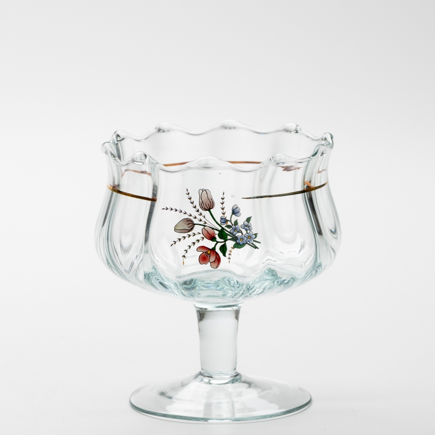 Set 6x glass cup with a saucer and 1x sugar bowl clear bouquet no. 4