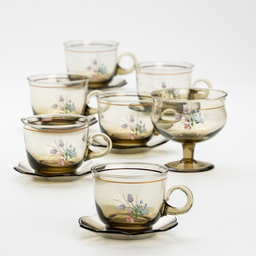 Set 6x glass cup with a saucer and 1x sugar bowl smoky bouquet no. 2