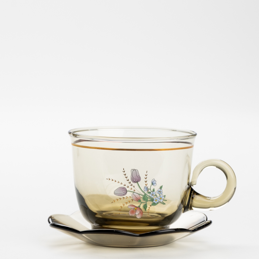 Set 6x glass cup with a saucer and 1x sugar bowl smoky bouquet no. 2