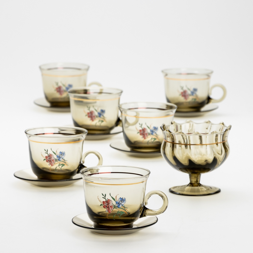 Set 6x glass cup with a saucer and 1x sugar bowl smoky bouquet no. 3