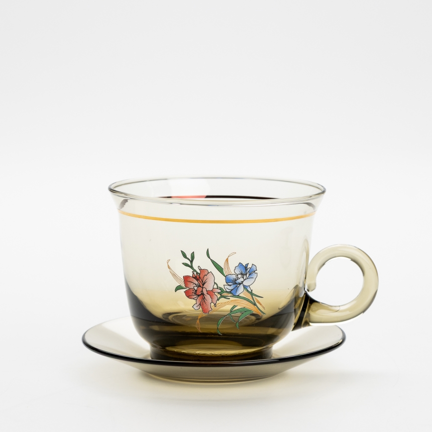 Set 6x glass cup with a saucer and 1x sugar bowl smoky bouquet no. 3