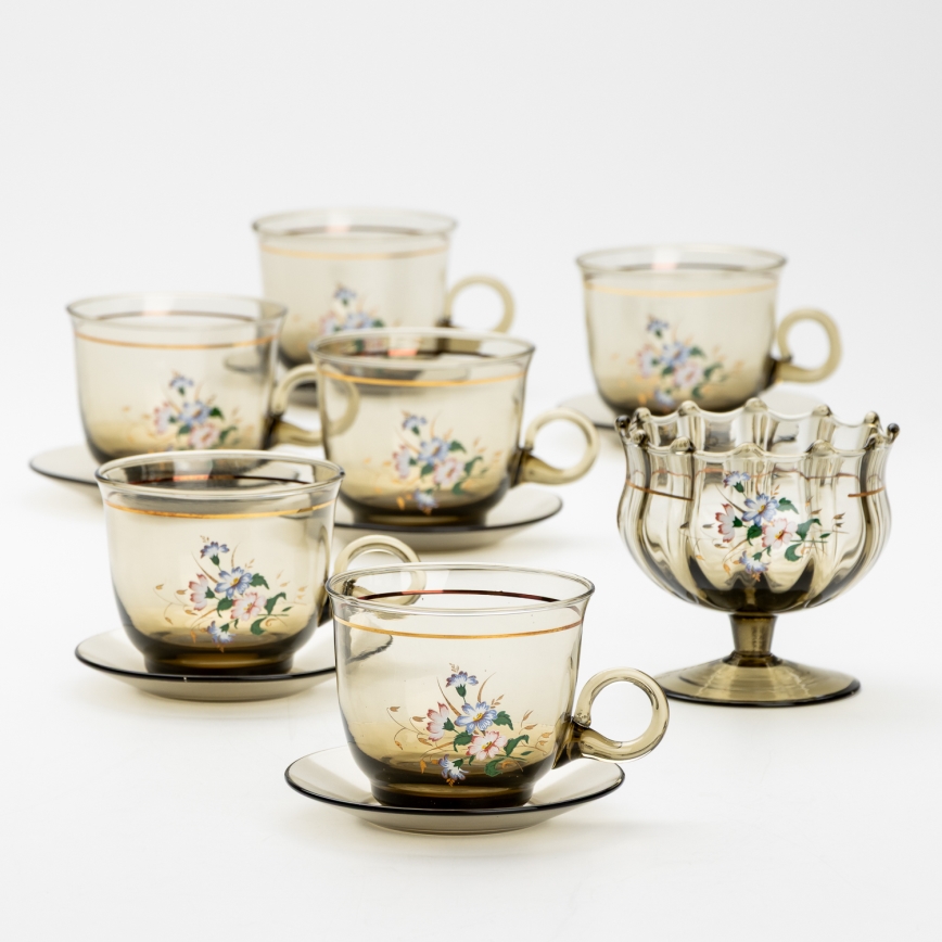 Set 6x glass cup with a saucer and 1x sugar bowl smoky bouquet no. 3
