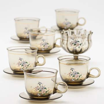 Set 6x glass cup with a saucer and 1x sugar bowl smoky bouquet no. 4