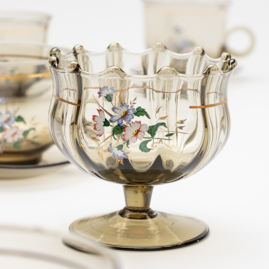 Set 6x glass cup with a saucer and 1x sugar bowl smoky bouquet no. 4