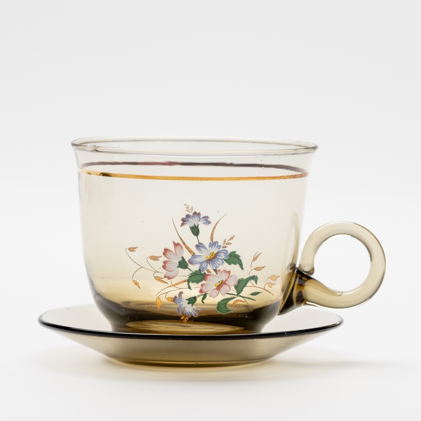 Set 6x glass cup with a saucer and 1x sugar bowl smoky bouquet no. 4