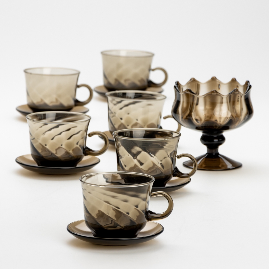 Set 6x glass cup with a saucer and 1x sugar bowl smoky