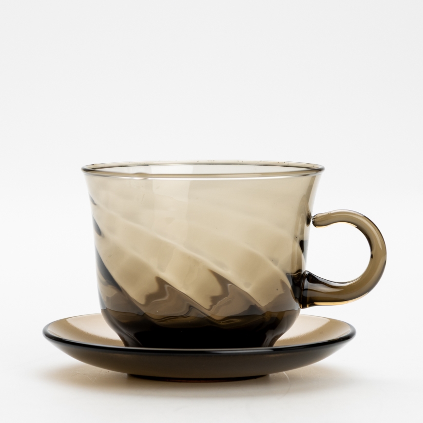 Set 6x glass cup with a saucer and 1x sugar bowl smoky