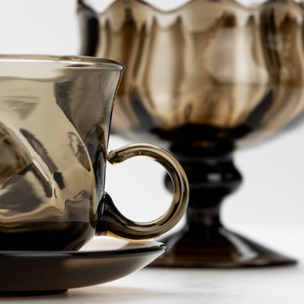 Set 6x glass cup with a saucer and 1x sugar bowl smoky
