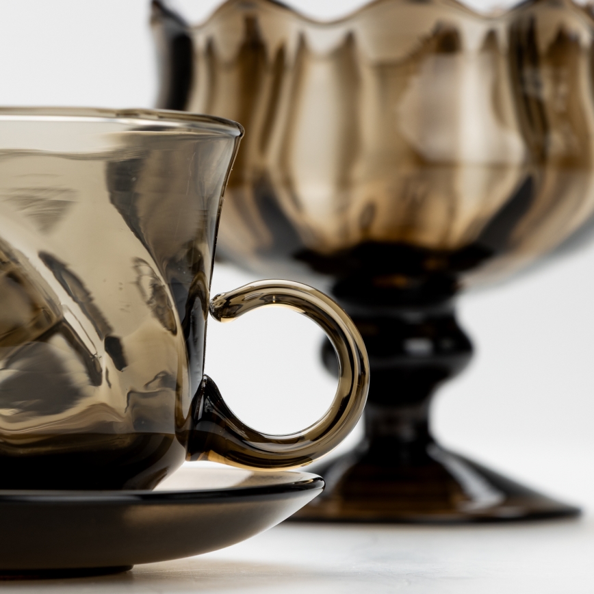 Set 6x glass cup with a saucer and 1x sugar bowl smoky