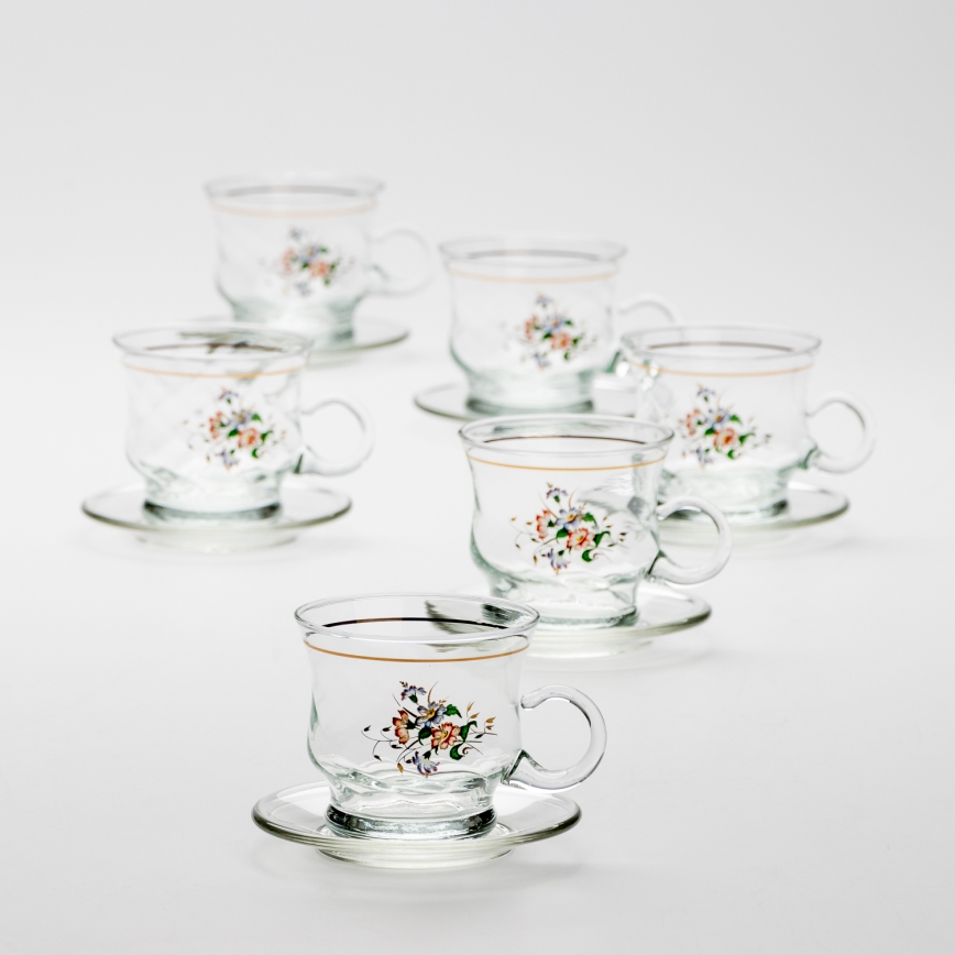 Set 6x glass cup with a saucer clear bouquet no. 2