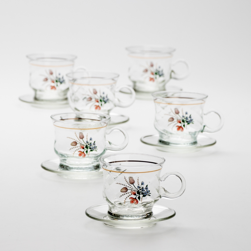Set 6x glass cup with a saucer clear bouquet no. 3