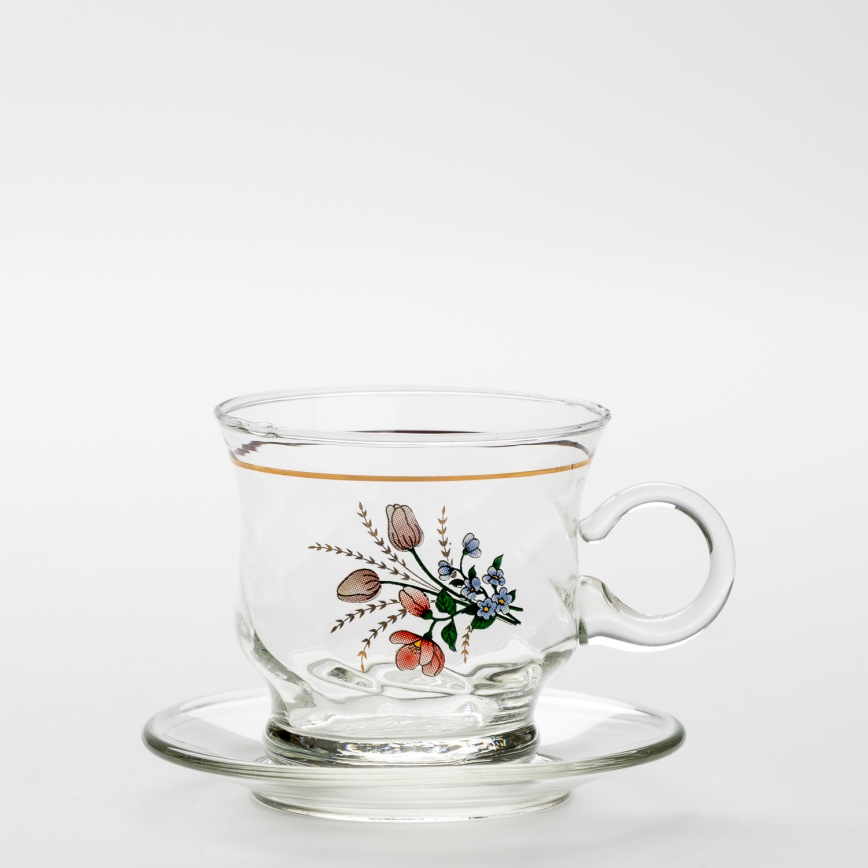 Set 6x glass cup with a saucer clear bouquet no. 3