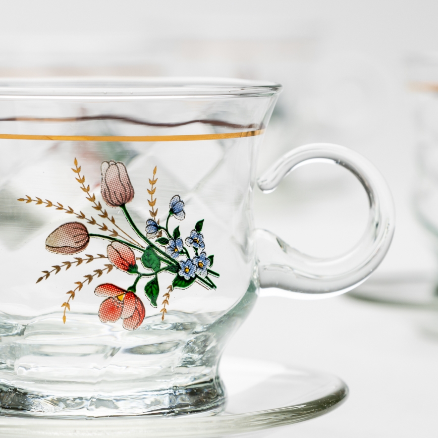 Set 6x glass cup with a saucer clear bouquet no. 3