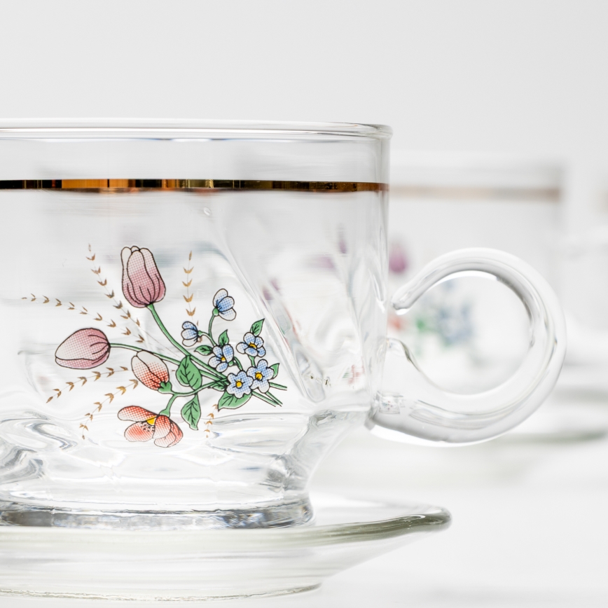 Set 6x glass cup with a saucer clear bouquet no. 5