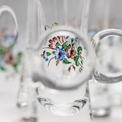 Set 6x liqueur glass with a handle clear with a bouquet motif no. 2