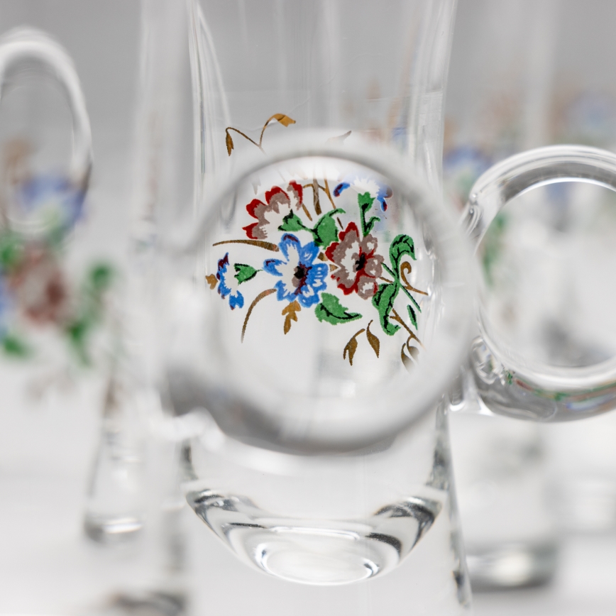 Set 6x liqueur glass with a handle clear with a bouquet motif no. 2