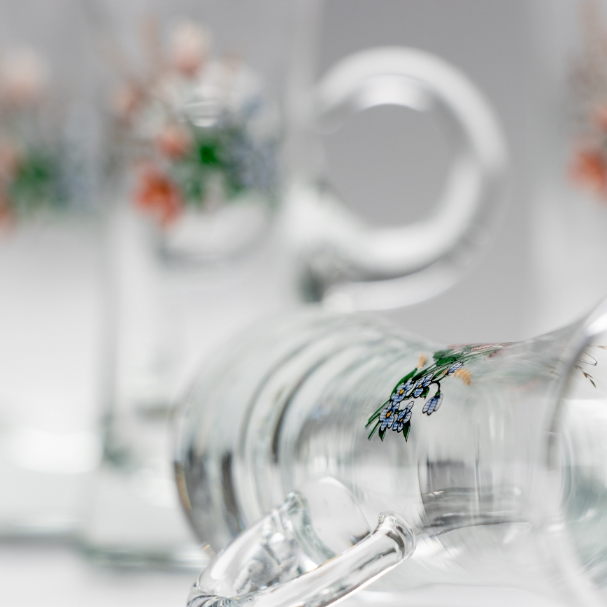 Set 6x liqueur glass with a handle clear with a bouquet motif no. 3