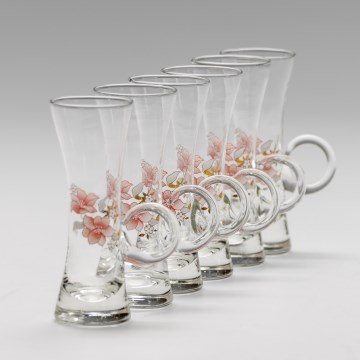 Set 6x liqueur glass with a handle clear with a bouquet motif no. 4