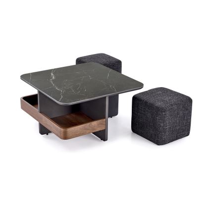 SET Coffee table KORO 70x70 cm + 2x ottomans black/brown