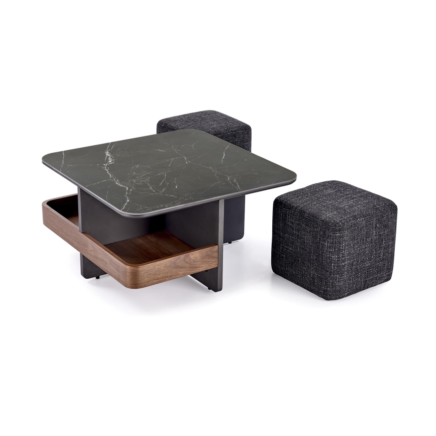 SET Coffee table KORO 70x70 cm + 2x ottomans black/brown