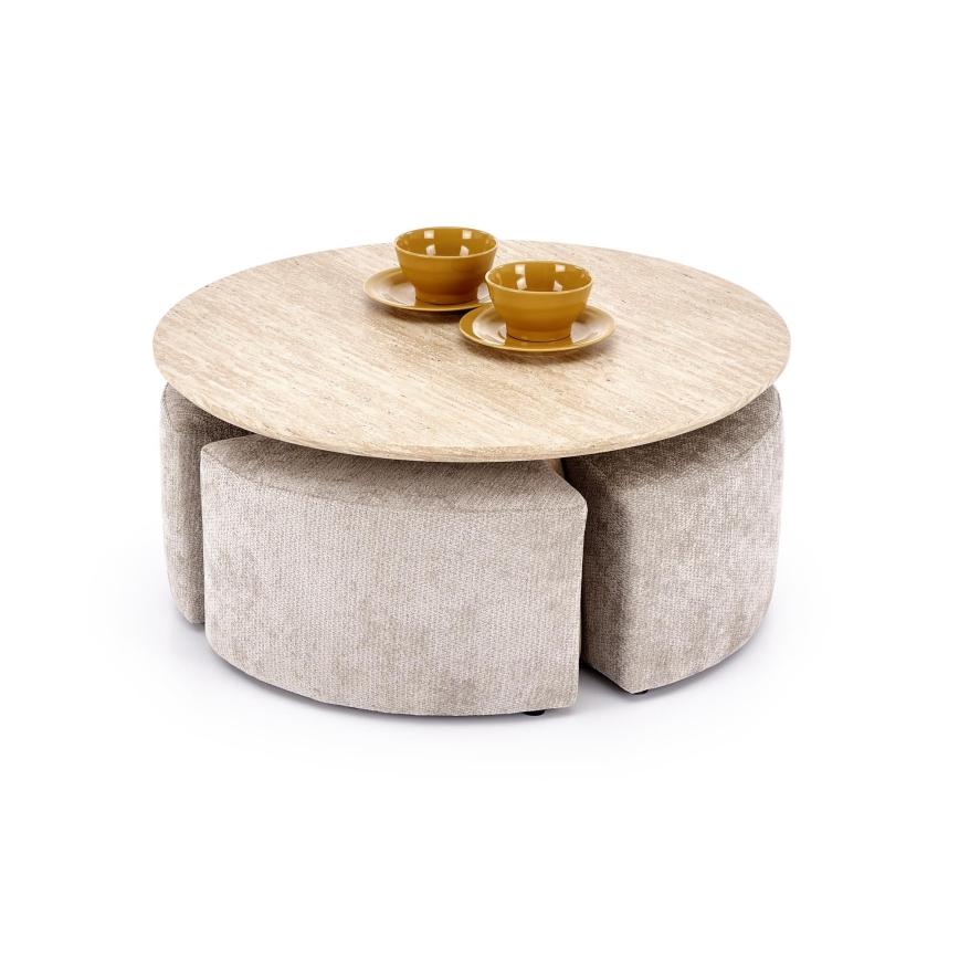 SET Coffee table NUGAT Ø 80 cm + 4x stool travertine/gray