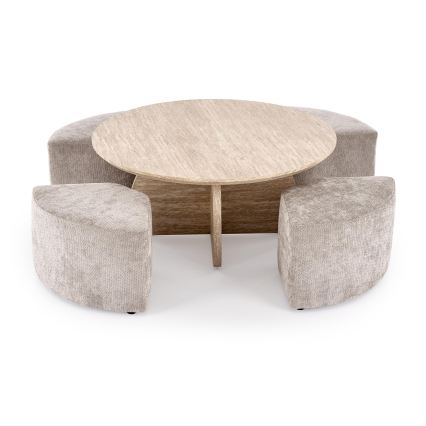 SET Coffee table NUGAT Ø 80 cm + 4x stool travertine/gray