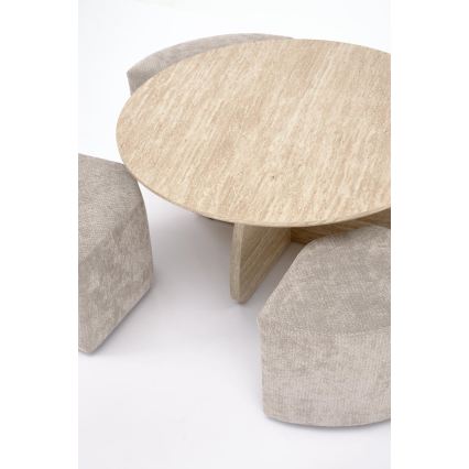 SET Coffee table NUGAT Ø 80 cm + 4x stool travertine/gray