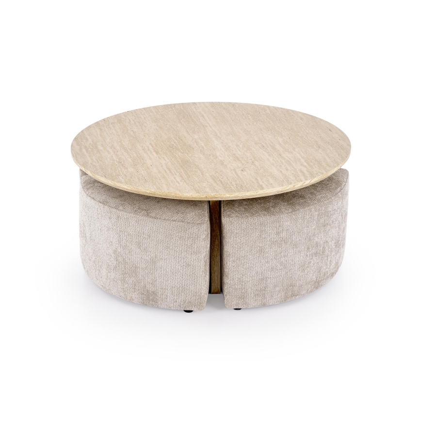 SET Coffee table NUGAT Ø 80 cm + 4x stool travertine/gray