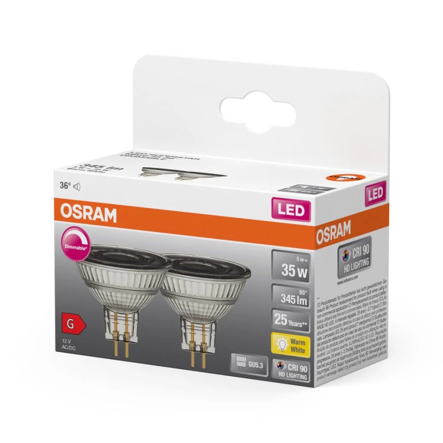 Set of 2 Dimmable LED MR16 GU5.3 Spotlight Bulbs 5W/12V 2700K 36° Beam CRI 90 - Osram
