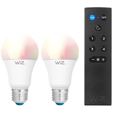Set of 2 Dimmable LED RGBW A60 Bulbs E27/9W/230V 2200–6500K Wi‑Fi + Remote Control - WiZ