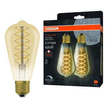 Set of 2 Dimmable LED Vintage Filament Bulbs, E27, 4.8W, 230V, 2200K - Osram