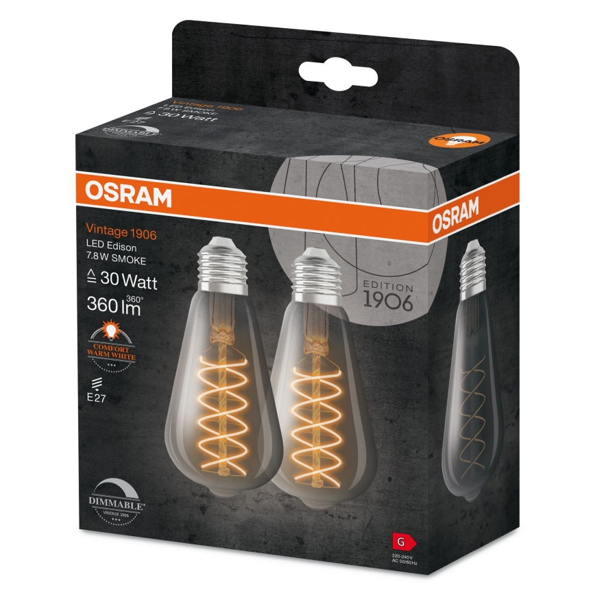 Set of 2 Dimmable LED Vintage Filament Bulbs, E27, 4.8W, 230V, 2200K - Osram