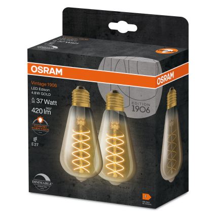 Set of 2 Dimmable LED Vintage Filament Bulbs E27, 7.8W, 230V, 1800K - Osram