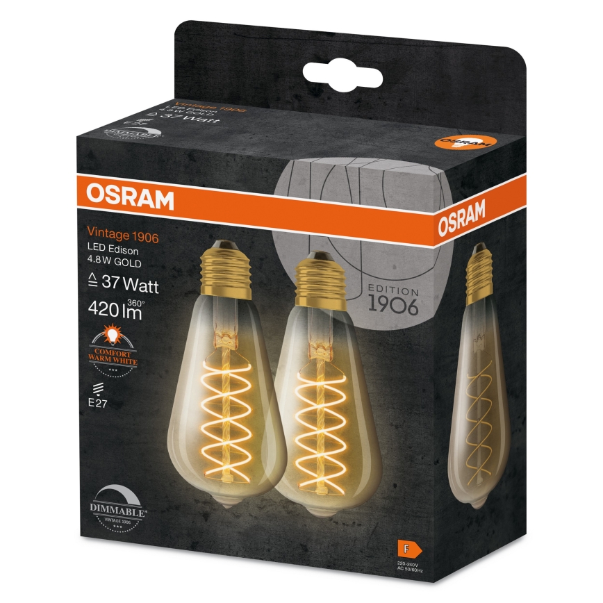 Set of 2 Dimmable LED Vintage Filament Bulbs E27, 7.8W, 230V, 1800K - Osram