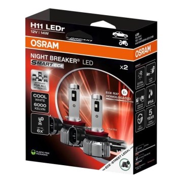 Set of 2 LED Car Bulbs NIGHT BREAKER SMART H11 PGJ19-2, 14W/12V, 6000K - Osram