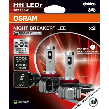 Set of 2 LED Car Bulbs NIGHT BREAKER SMART H11 PGJ19-2, 14W/12V, 6000K - Osram