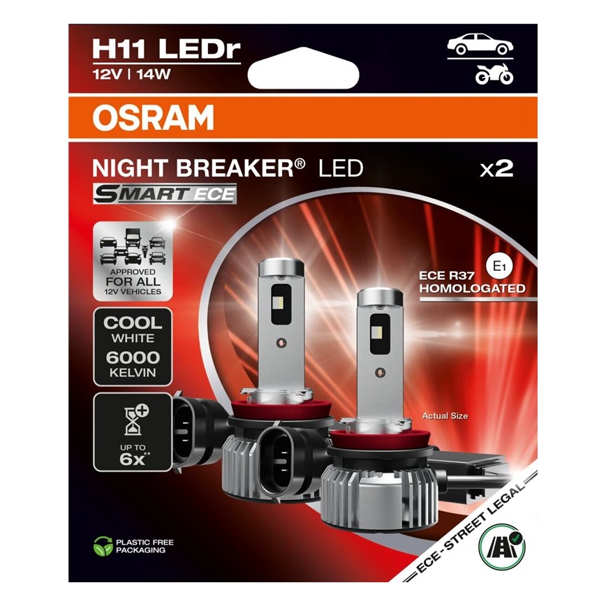 Set of 2 LED Car Bulbs NIGHT BREAKER SMART H11 PGJ19-2, 14W/12V, 6000K - Osram