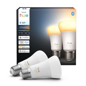 Set of 2 Philips Hue WHITE AMBIANCE E27 Dimmable LED Bulbs, 8.1W, 230V, 1000-20000K