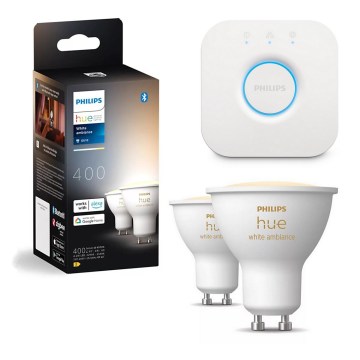 Set of 2 Philips Hue White Ambiance GU10 dimmable LED bulbs, 4.2W/230V, 2200–6500K + Hue Bridge