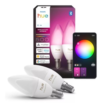 Set of 2 Philips Hue White and Color Ambiance B39 LED RGBW dimmable light bulbs, E14, 3.7W, 230V, 1000–20000K