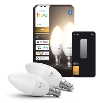 Set of 2 Philips Hue WHITE dimmable LED bulbs, B39, E14, 3.9W, 230V, 2700K