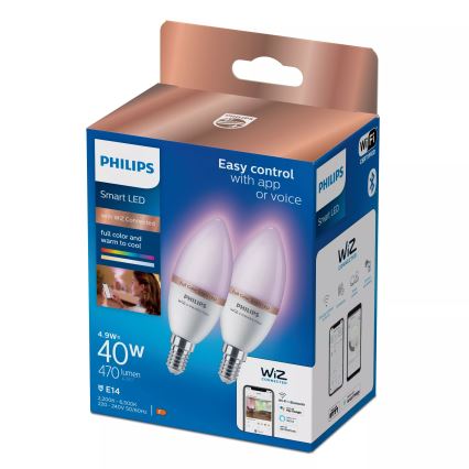 SET 2x LED RGB Dimmable bulb Philips SMART C37 E14/4,9W/230V 2200-6500K CRI 90