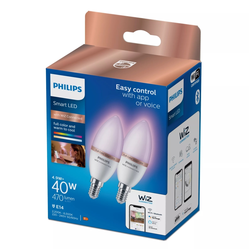 SET 2x LED RGB Dimmable bulb Philips SMART C37 E14/4,9W/230V 2200-6500K CRI 90