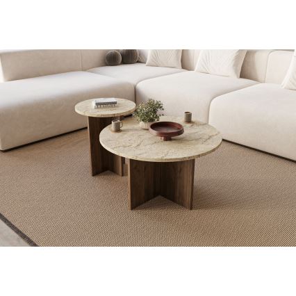 Set of 2 PURO round coffee tables, Ø 40/70 cm, walnut/beige