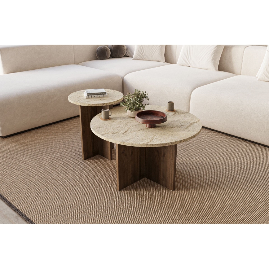 Set of 2 PURO round coffee tables, Ø 40/70 cm, walnut/beige