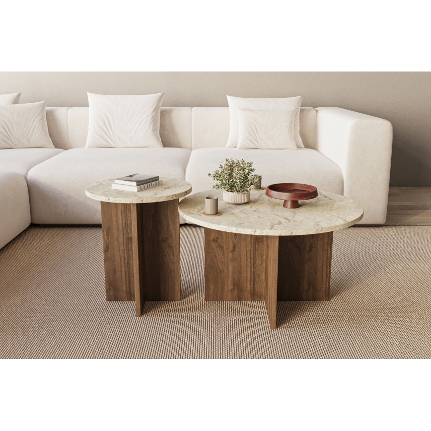 Set of 2 PURO round coffee tables, Ø 40/70 cm, walnut/beige