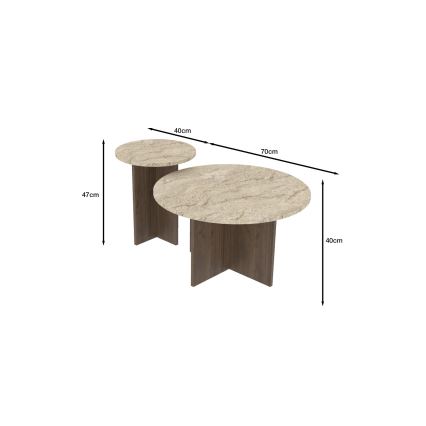 Set of 2 PURO round coffee tables, Ø 40/70 cm, walnut/beige