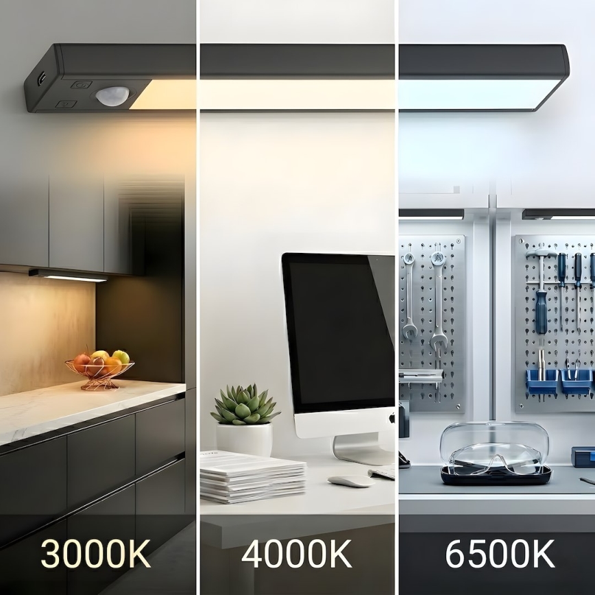 Set of 2 Rechargeable VIRO LED Furniture Lights with Motion and Dusk Sensor, 1.2W / 3.7V, 800 mAh, 3000/4000/6500K, 30 cm, Black