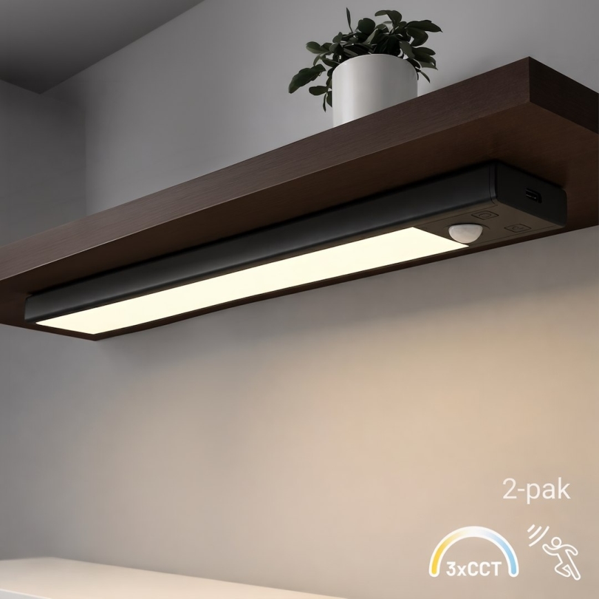 Set of 2 Rechargeable VIRO LED Furniture Lights with Motion and Dusk Sensor, 1.2W / 3.7V, 800 mAh, 3000/4000/6500K, 30 cm, Black
